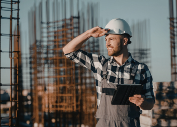 Construction worker in hard hat holding a tablet and shading his eyes at a building site