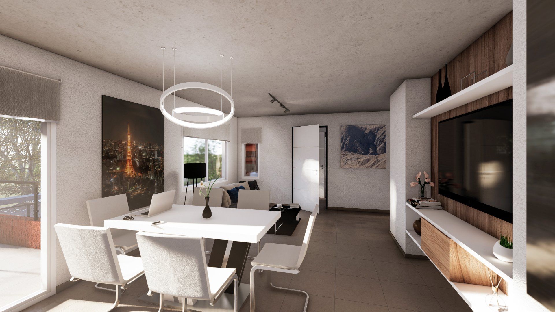 Una sala de estar con una mesa y sillas y un televisor.