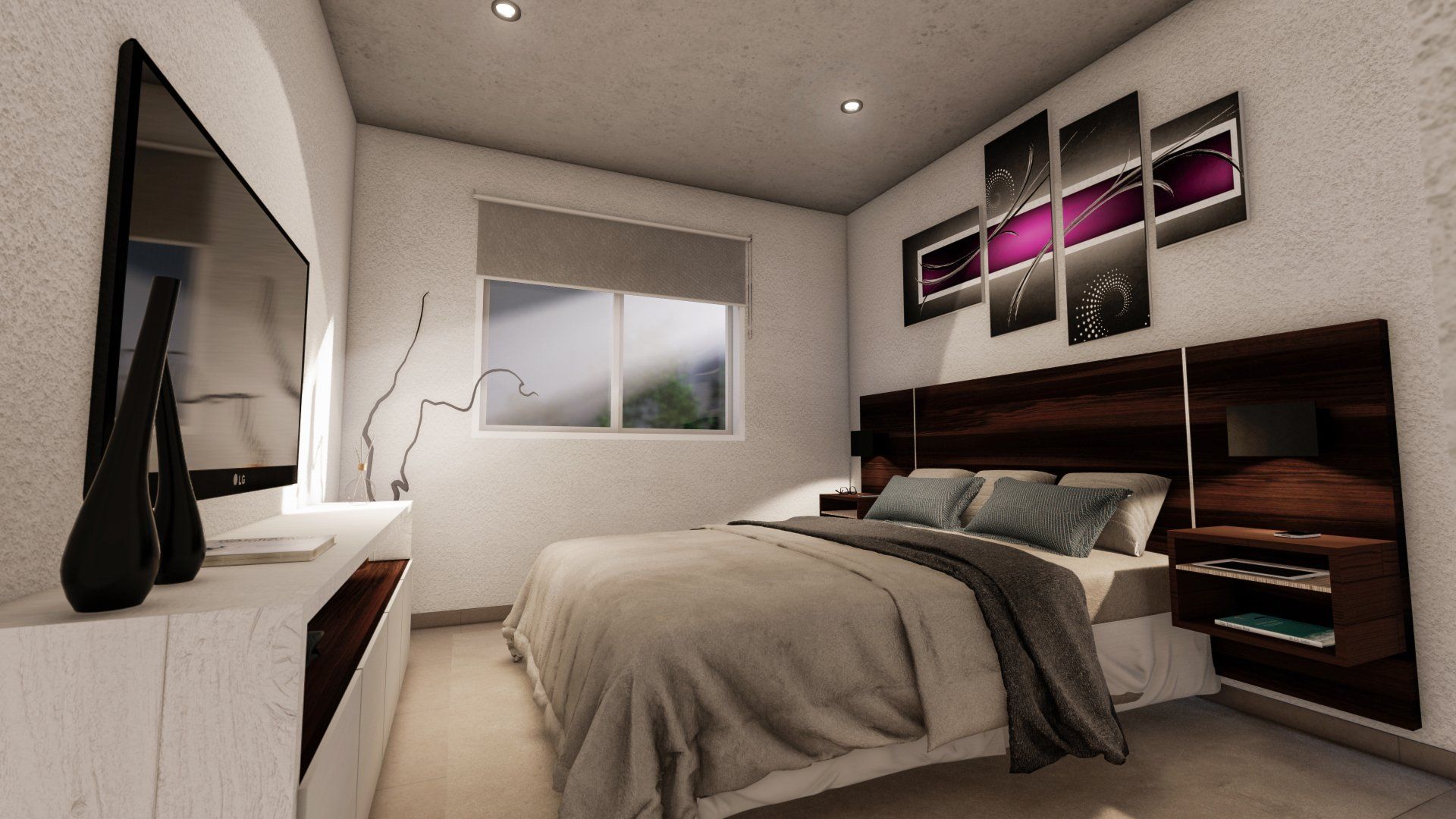 Un dormitorio con una cama grande y un televisor de pantalla plana.