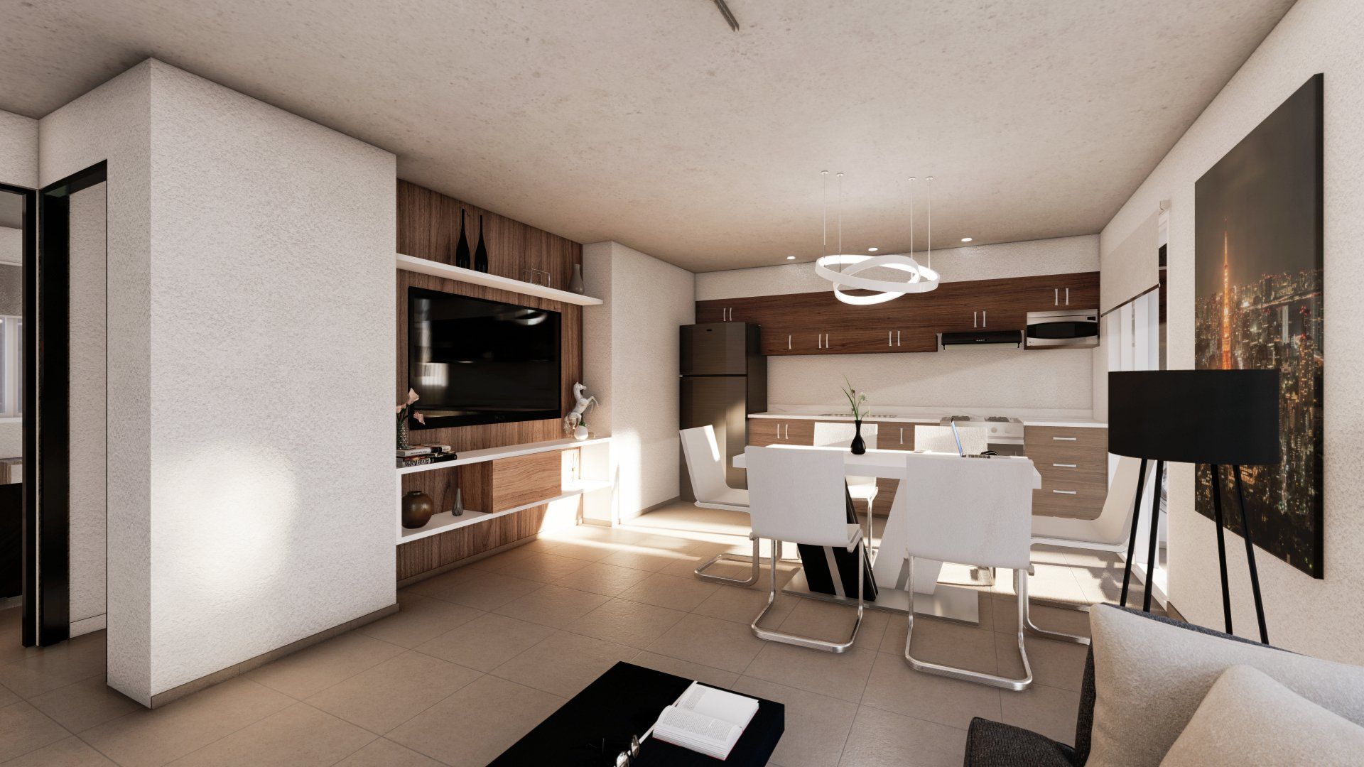 Impresión artística de una sala de estar y comedor.