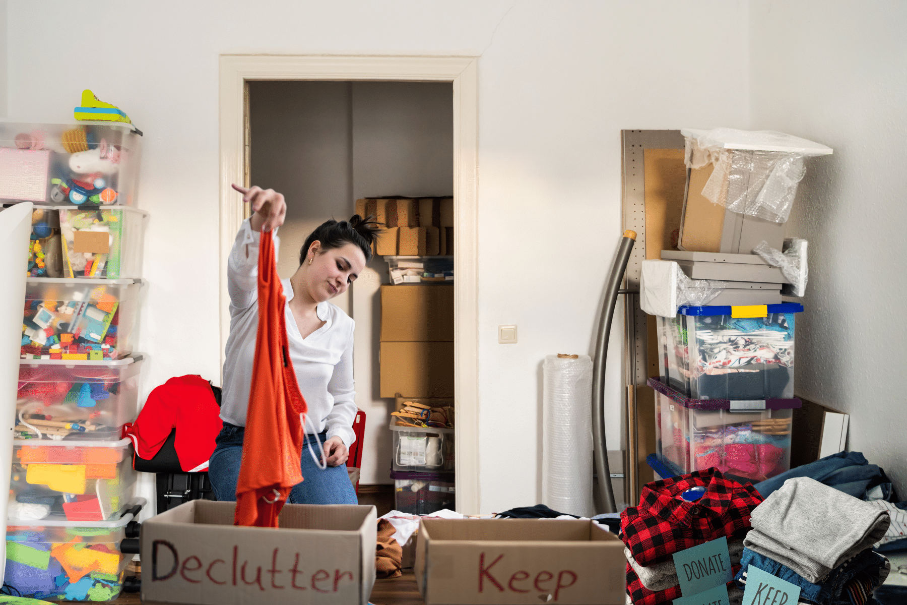 a woman is putting clothes in a box that says declutter