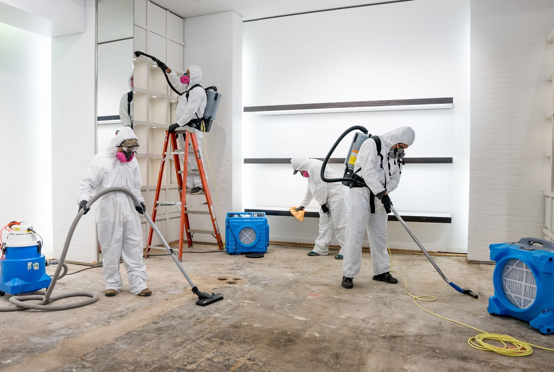 a team of a cleaning service in white suits is cleaning a disaster recovery room
