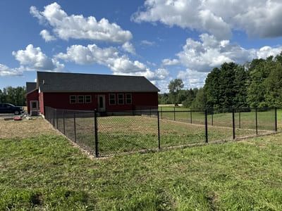 Black chain-link fence surrounds a grass yard adjacent to a red house under a blue sky with clouds.