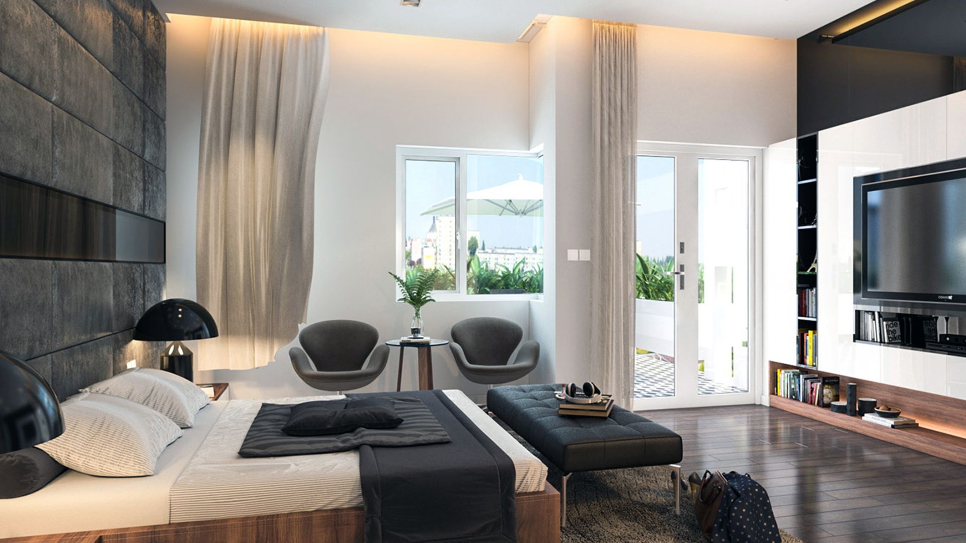 A bedroom with a large bed , chairs , a television and a balcony.