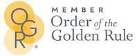 Logo for the Order of the Golden Rule featuring the letters OGR over yellow circles, with the text Member Order of the Golden Rule.
