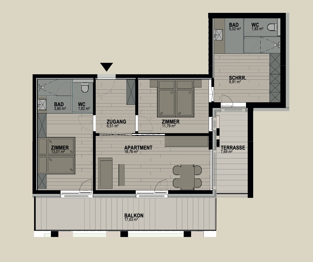 Grundriss einer Wohnung. Zeigt Räume wie Bad, Schlafzimmer, Küche, Terrasse und Balkon.