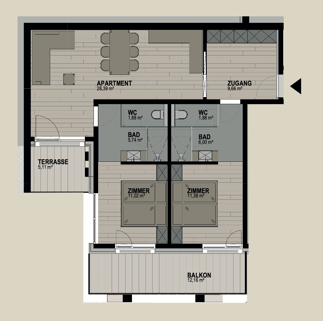 Grundriss mit Wohnbereich, Schlafzimmern, Bädern, Balkon und Terrasse, in neutraler Farbgebung.