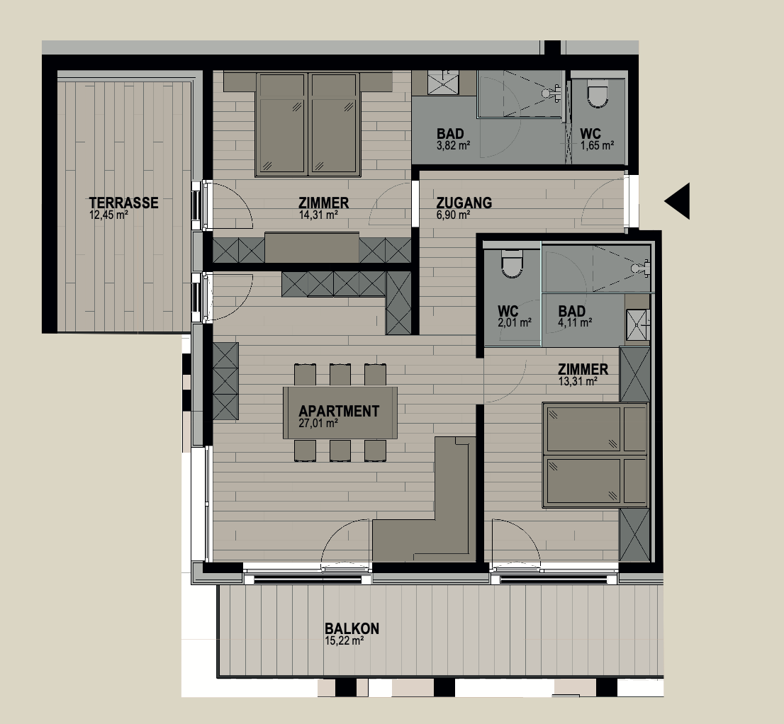 Grundriss einer Wohnung, der Räume wie Schlafzimmer, Küche und Badezimmer in einer neutralen Farbpalette zeigt.