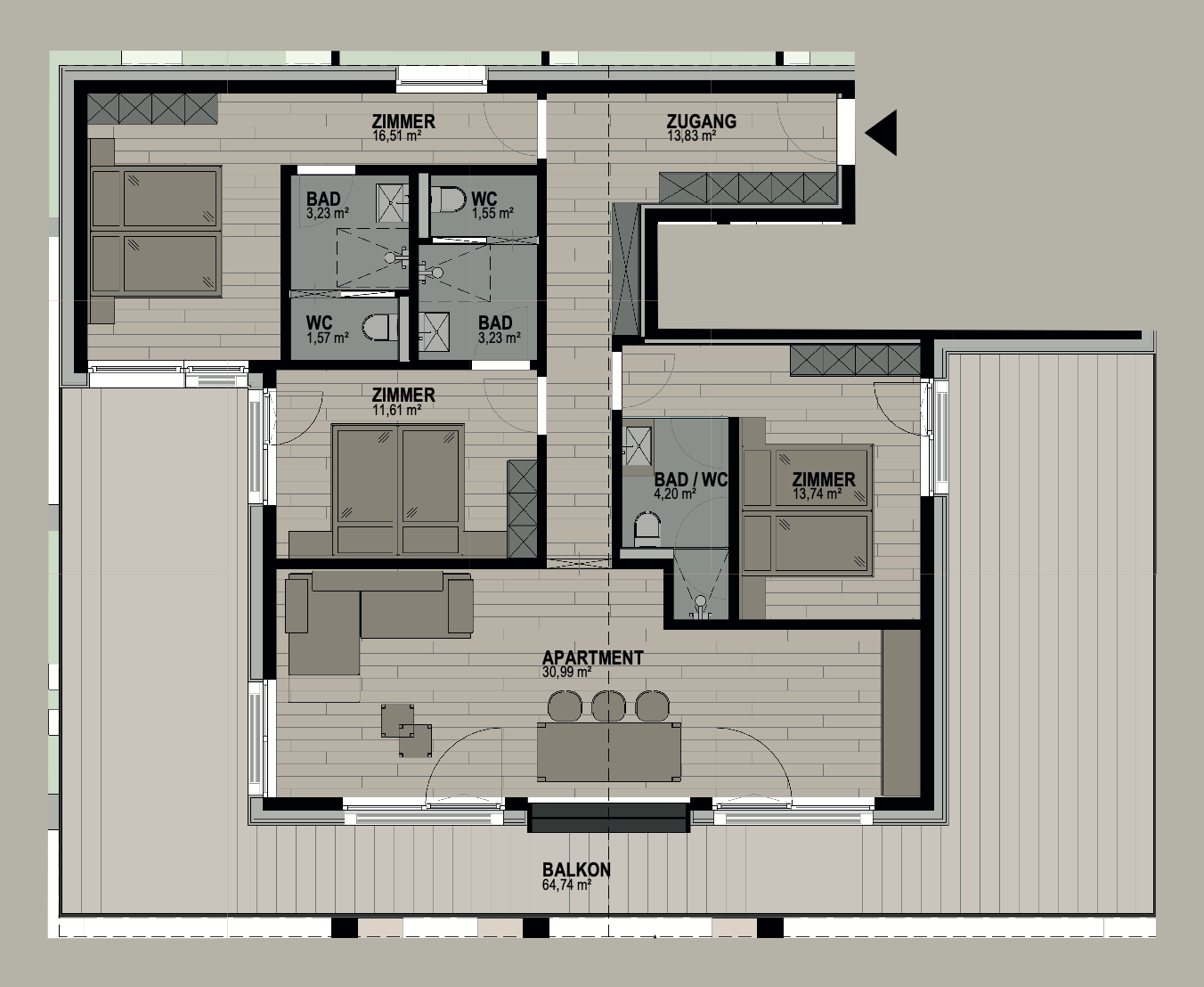 Grundriss einer Wohnung mit Schlafzimmern, Bädern und Wohnbereich, mit Möbelanordnung und beschrifteten Räumen.
