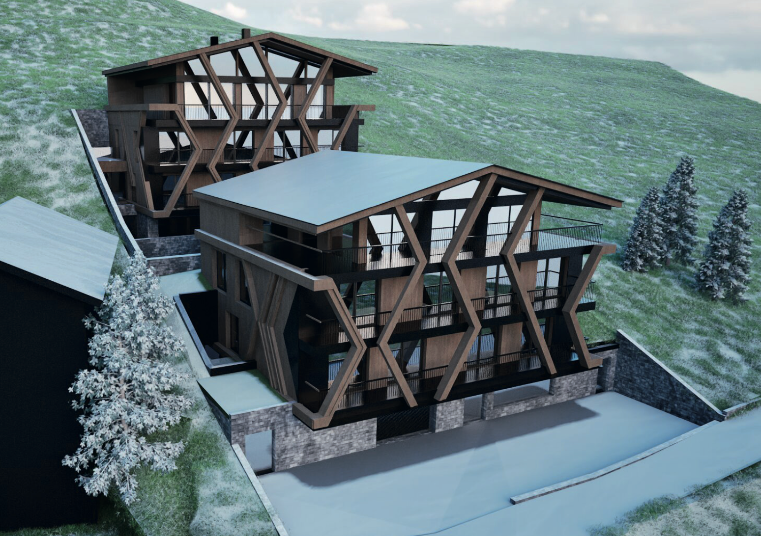 Zwei moderne Hütten mit geometrischen Holzrahmen an einem Hang. Graue und braune Außenseite mit großen Fenstern.