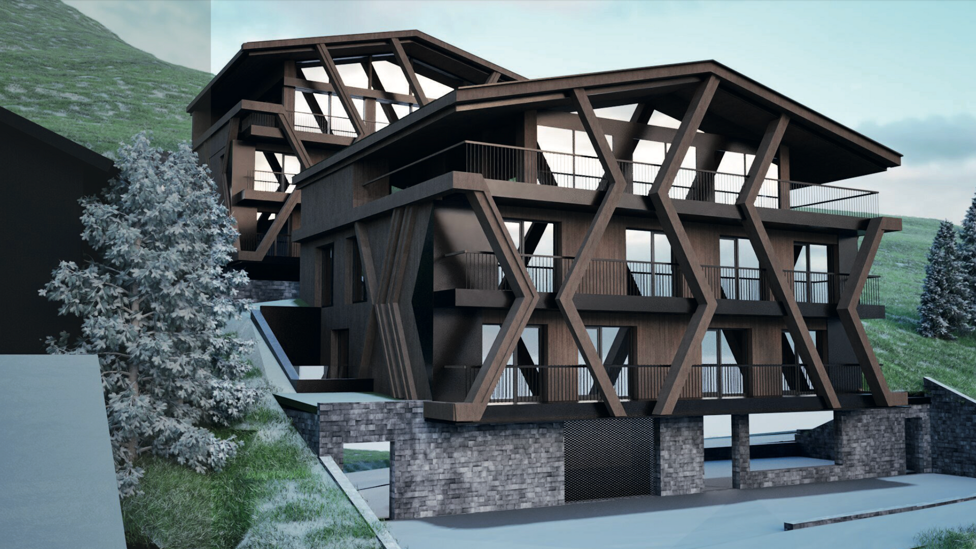 Zwei moderne Holzgebäude mit sich kreuzenden Balken an einem Hang. Balkone, Steinsockel und Bergkulisse.