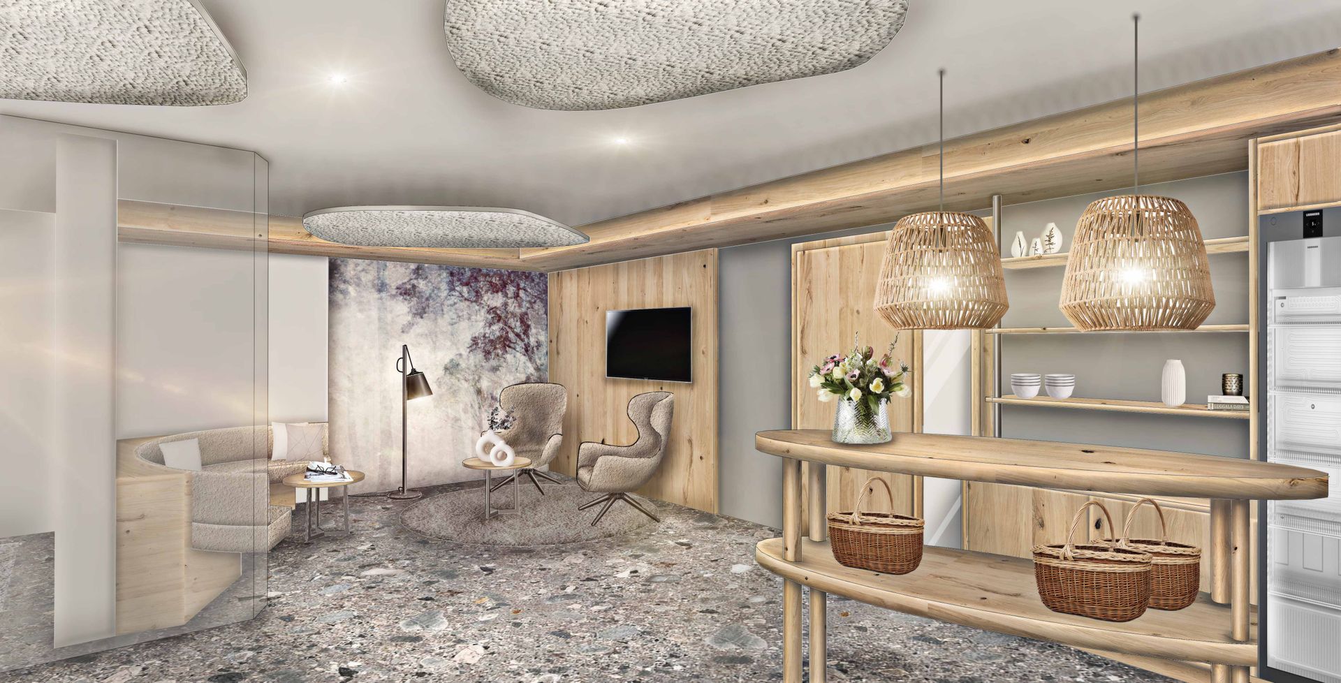 Modernes Wohnzimmer mit Holzvertäfelung, einer goldstrukturierten Wand, dunklen Möbeln und einem schwarzen Marmortisch.