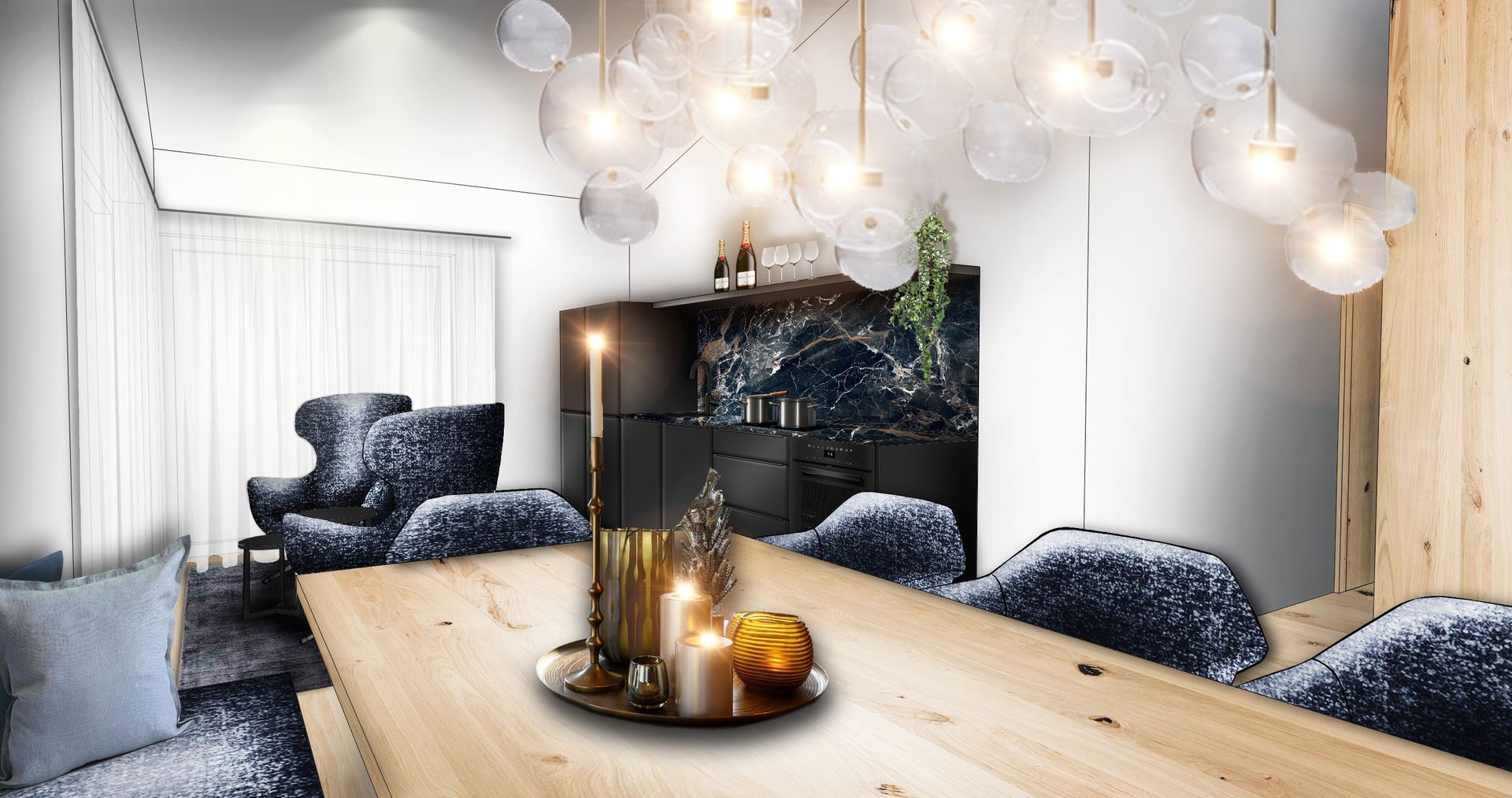 Apartment mit schwarzer Essgarnitur und Holzboden