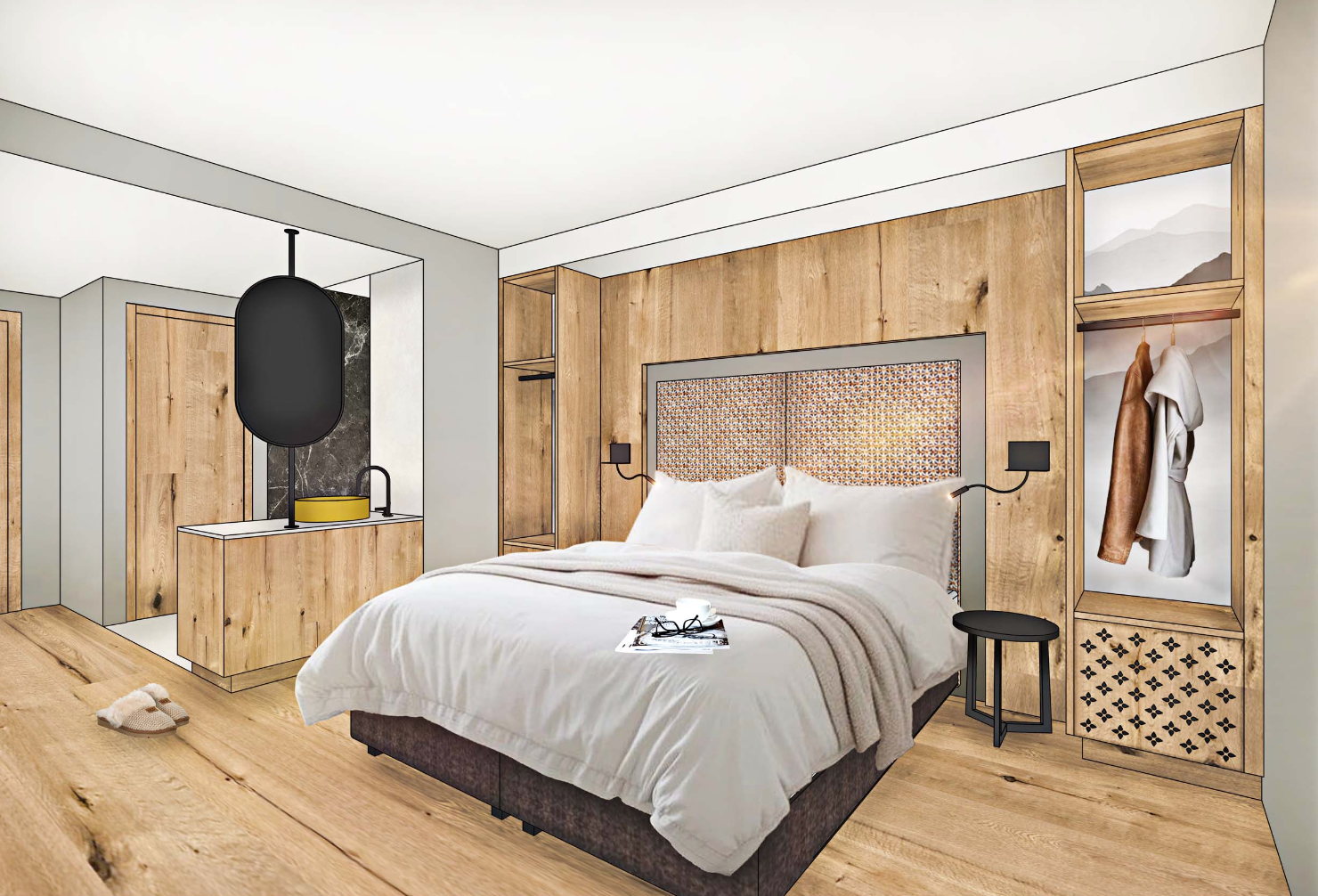 Ein modernes Hotelzimmer mit Holzästhetik. Ein Bett mit weißer Bettwäsche, Holzwände und ein kleiner offener Kleiderschrank.
