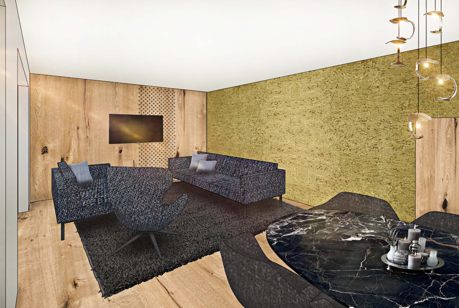 Apartment mit schwarzem Sofa und Holzboden
