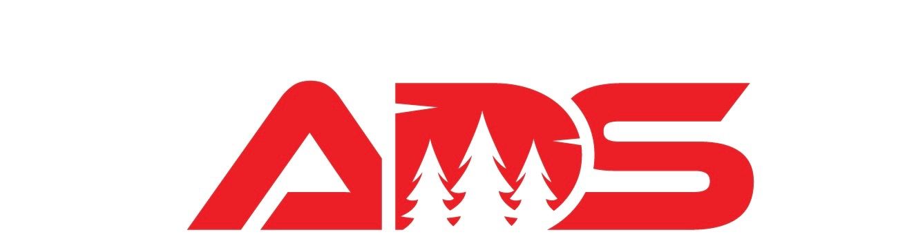 a red and white ams logo on a white background .
