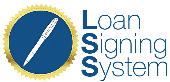 a logo for a loan signing system with a pen in a circle .