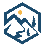 a logo of a mountain with trees and a river in a hexagon .
