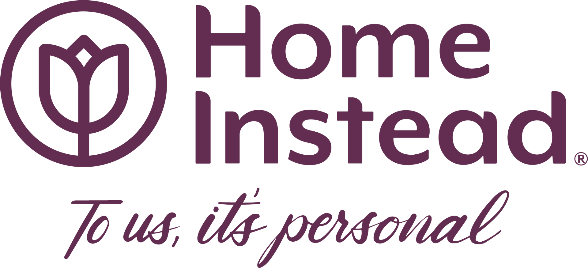 the home instead logo is purple and black and says `` to us , it 's personal '' .
