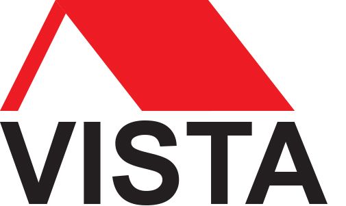 the vista logo has a red roof and the word vista in black letters .