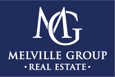 a blue and white logo for melville group real estate