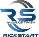 the logo for rs marketing + rickstart is blue and gray .