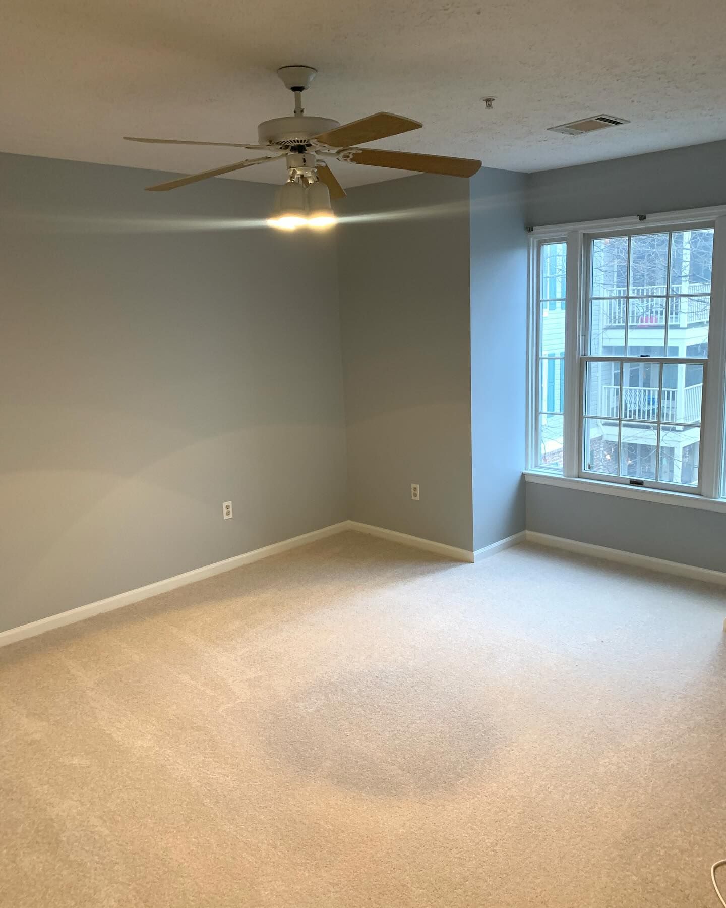 An empty room with light gray walls, beige carpeting, a ceiling fan with lights, and a window with white trim.
