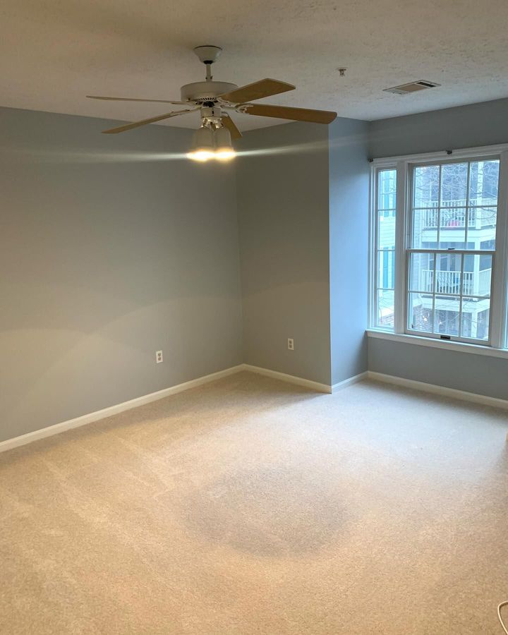 An empty room with light gray walls, beige carpeting, a ceiling fan with lights, and a window with white trim.
