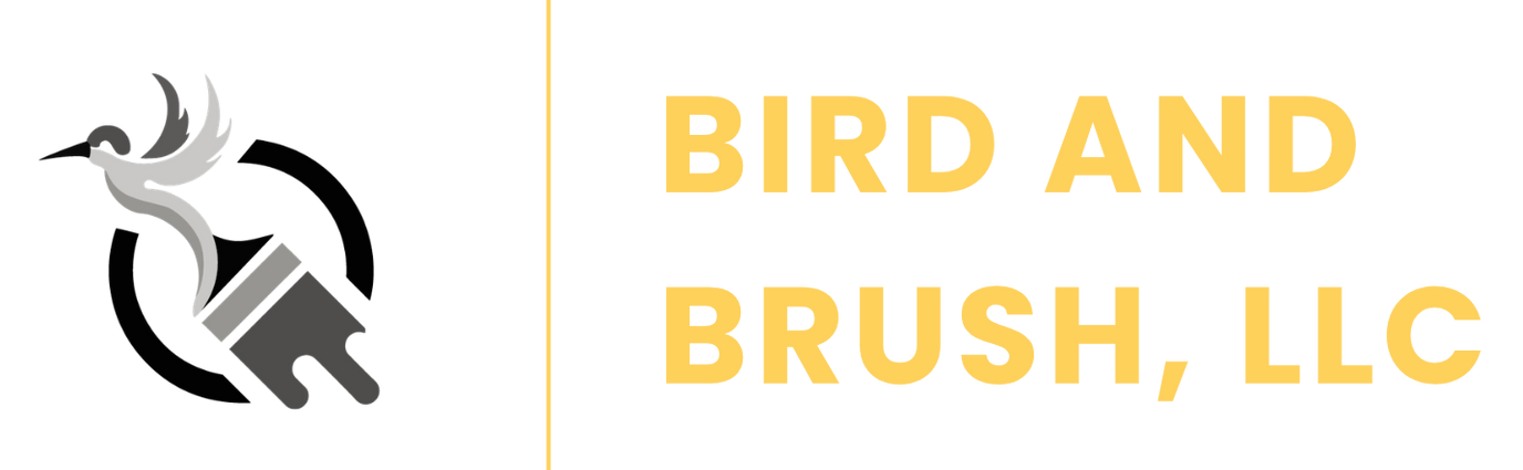 Logo for Bird and Brush, LLC featuring a grey stylized bird and paintbrush icon next to the gold text.