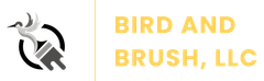 Logo for Bird and Brush, LLC featuring a grey stylized bird and paintbrush icon next to the gold text.