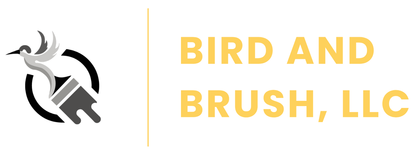 Logo for Bird and Brush, LLC featuring a grey bird and paintbrush icon next to the company name in yellow text.