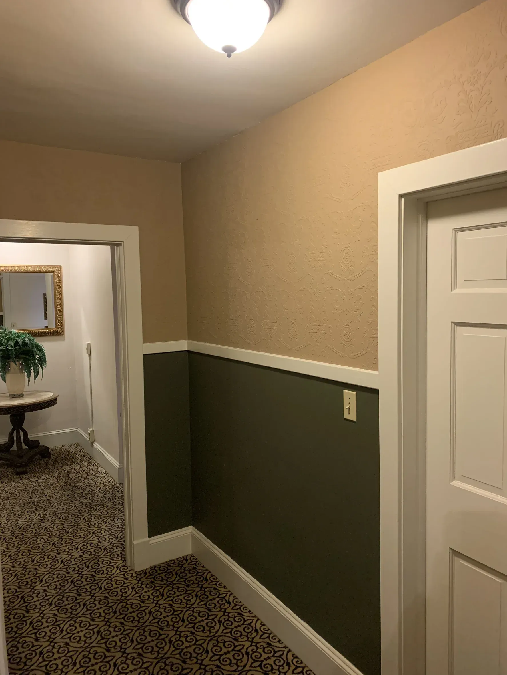 A hallway with textured beige upper walls, dark green lower wainscoting, white trim, and a patterned carpet.