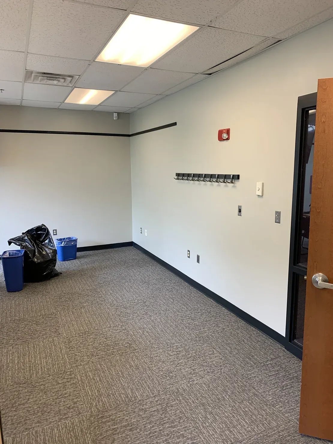 An empty office with light walls, beige carpet, overhead lights, a coat rack, and two waste bins in the corner.