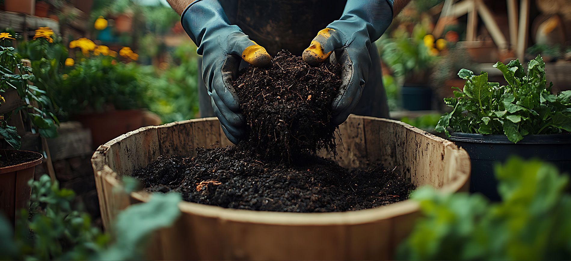 Rich organic compost being applied to vegetable beds on a small farm