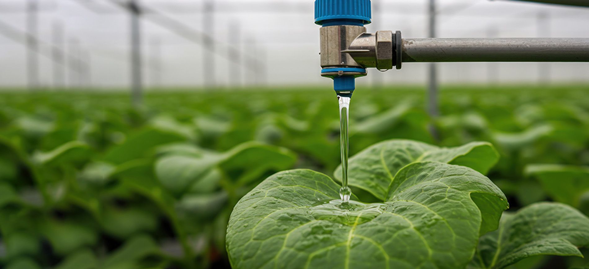 Farmer applying liquid fertilizer through a drip irrigation system in a vegetable field.
