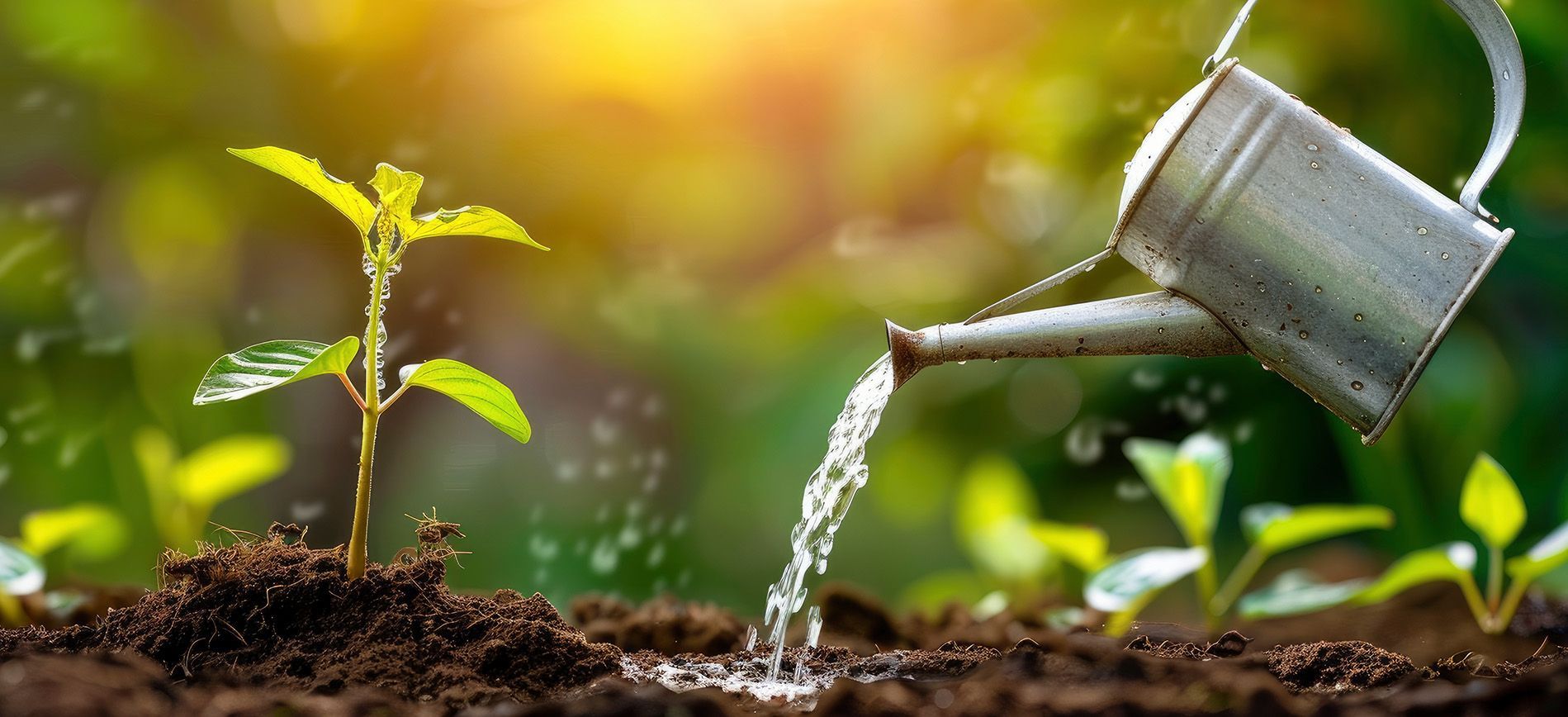 Sprinkler system applying liquid fertilizer across a green agricultural field at sunrise.
