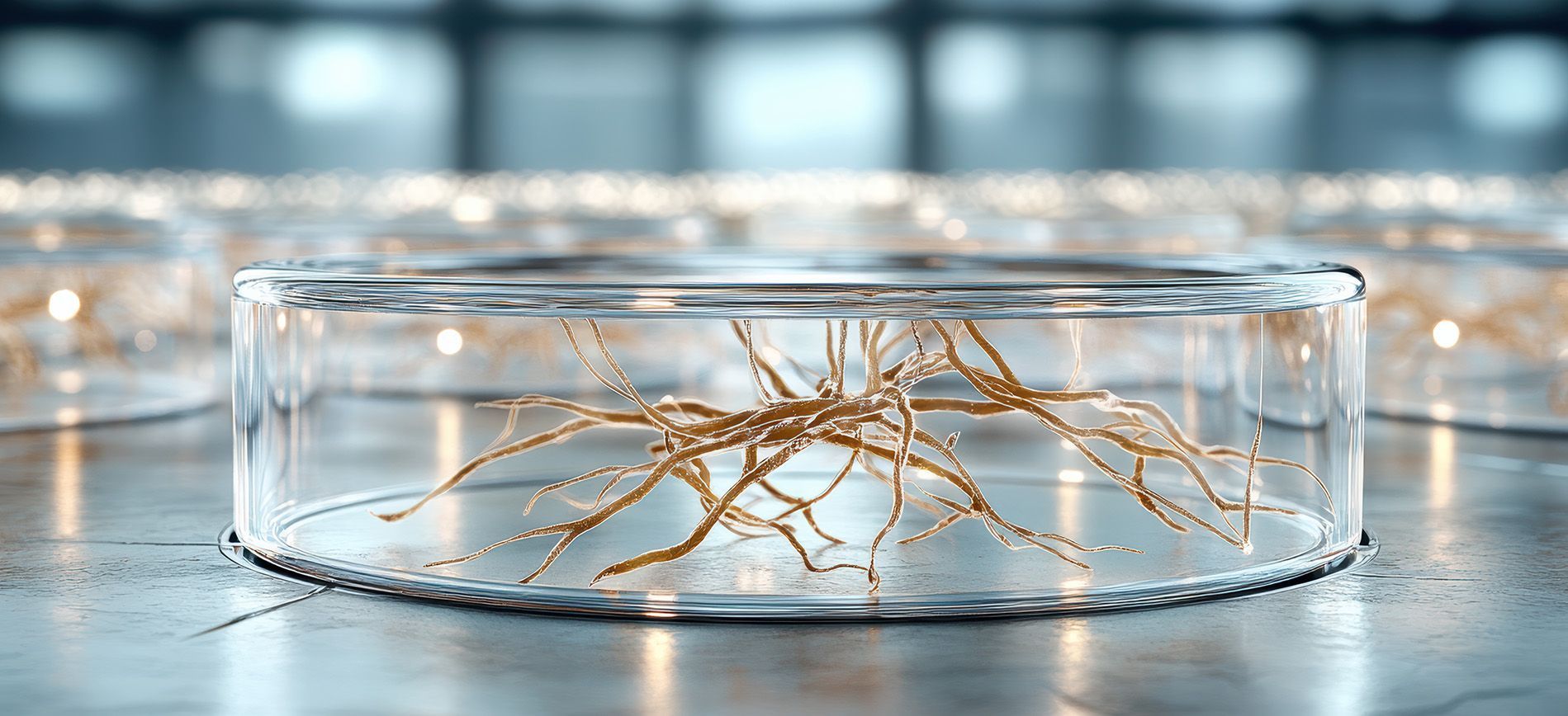 Microscopic image of beneficial bacteria forming symbiosis with plant roots in soil.