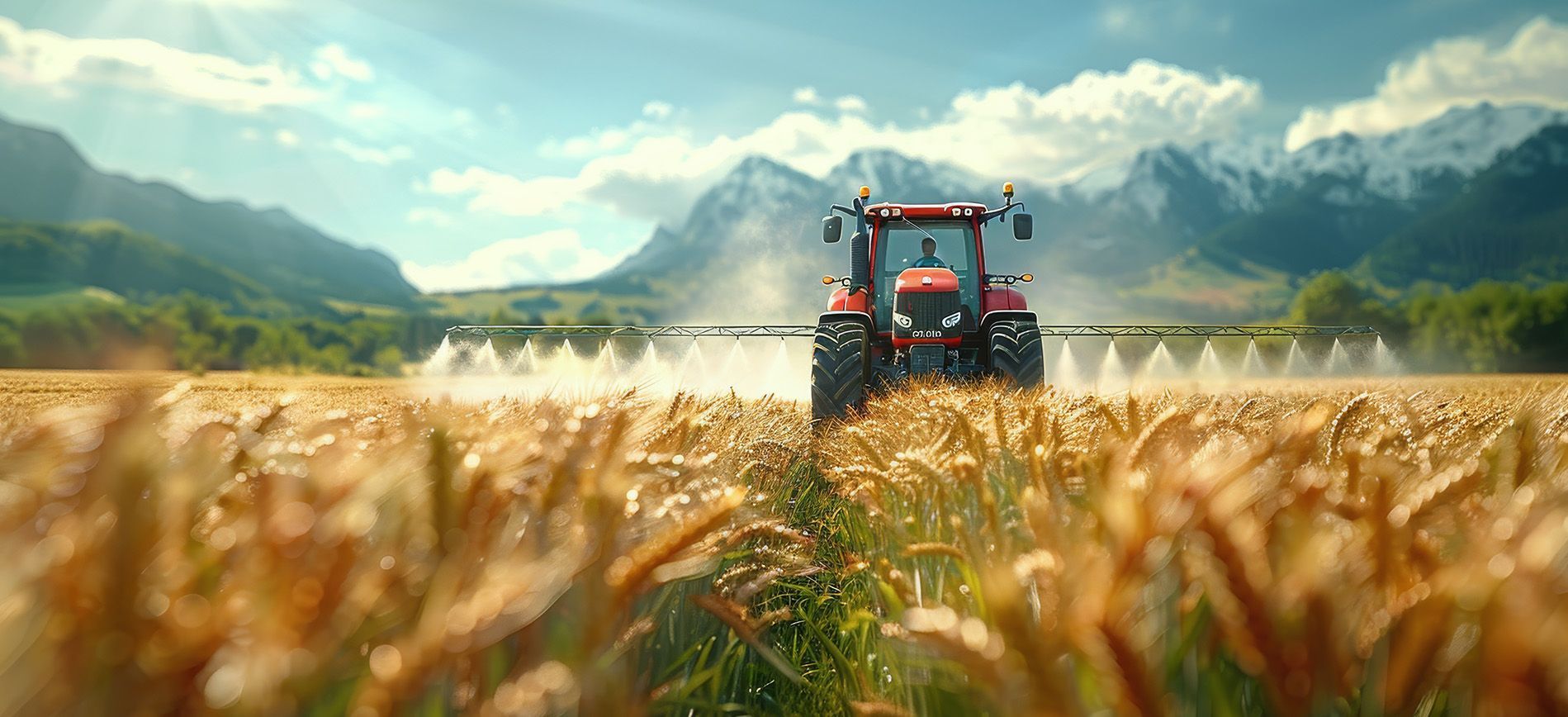 UAN fertilizer applied by pivot system in a maize field during daylight.