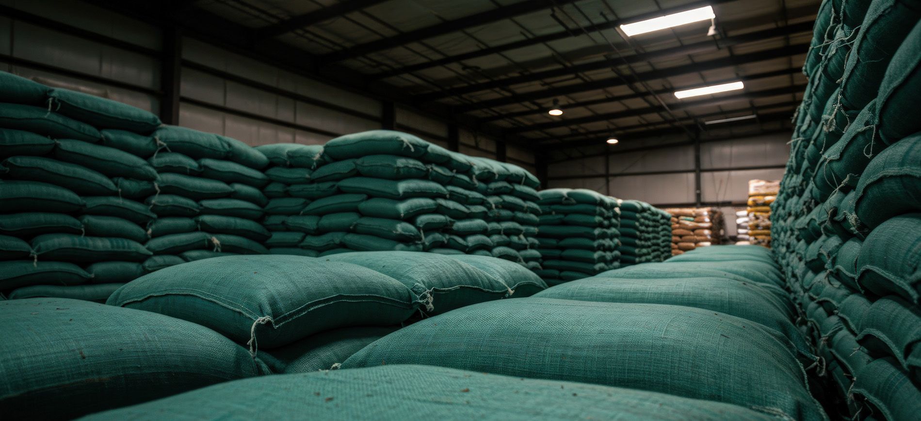 Stacked eco-friendly fertilizer bags on pallets in a warehouse ready for global distribution.