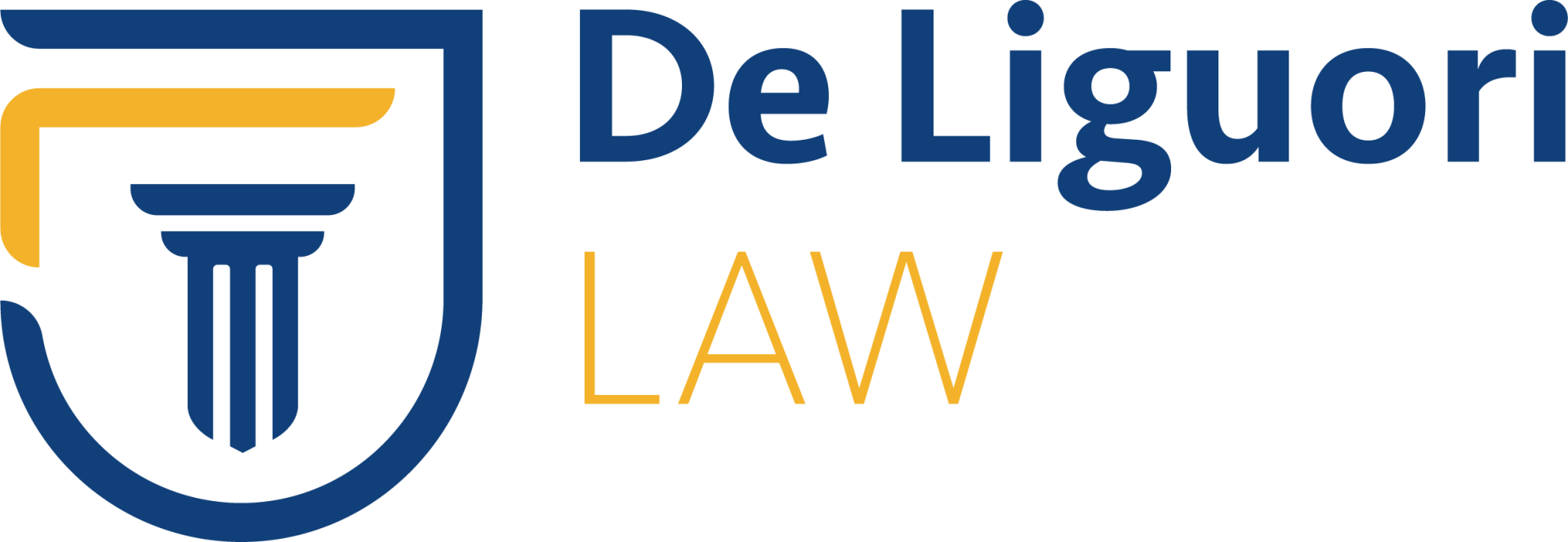 Logo for De Liguori Law.  Blue shield with gold accent and a pillar icon. 