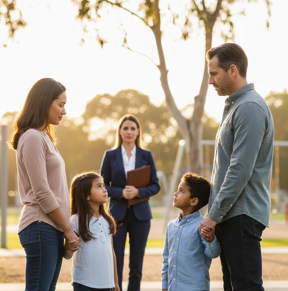 Family with two children holding hands, facing each other with an observer in the park.