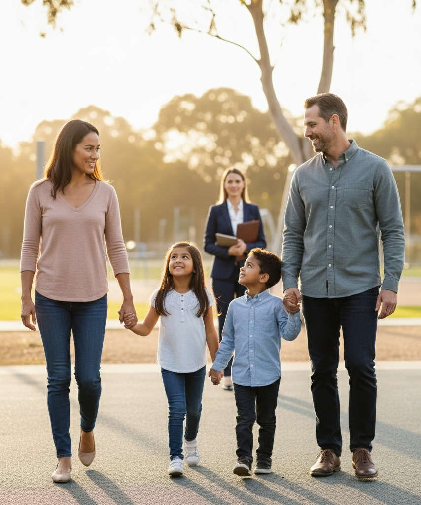 Family holding hands walking in a park, smiling. A professional woman is in the background.