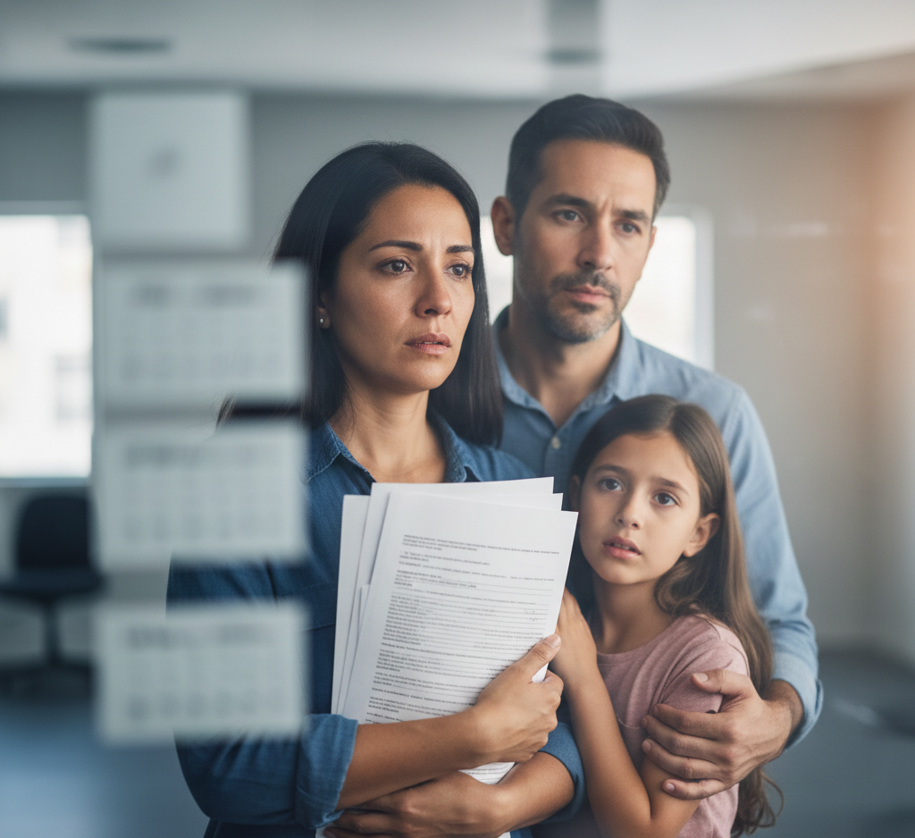 Immigrant family looking at documents, appearing concerned. Woman holds immigration papers.