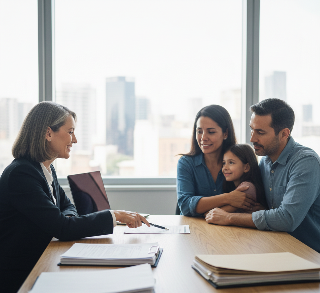 A lawyer points to a document; an immigrant family sits at the table, smiling, next to a window with a city view.