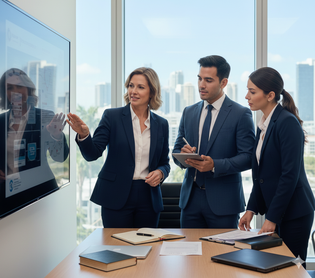 Lawyers and paralegals in suits discussing a civil litigation case on a screen in a modern office.