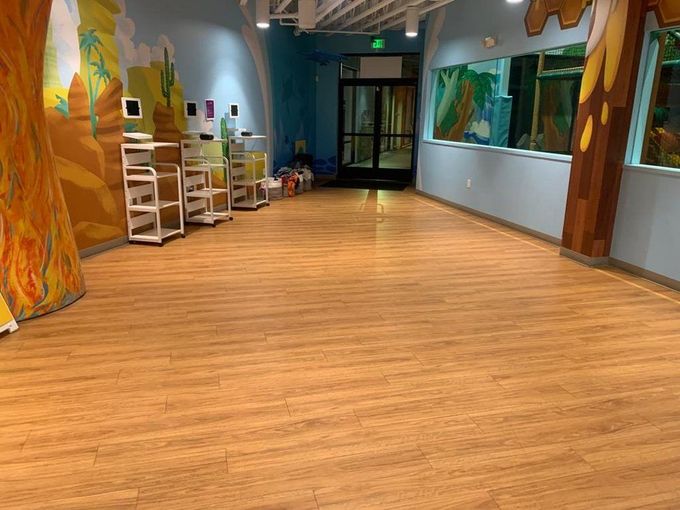 Wooden floor hallway in a children's play area with colorful murals and shelves.