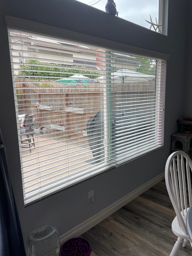 Interior view of a window with blinds open, overlooking a backyard.