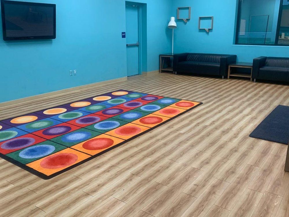 Bright blue room with colorful rug, couches, TV, and door.
