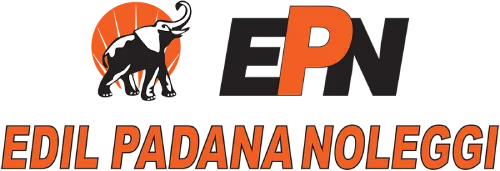 Logo di Edil Padana Noleggi: un elefante all'interno di un sole arancione; "EPN" e nome dell'azienda in arancione.