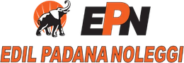 Logo di Edil Padana Noleggi: un elefante all'interno di un sole arancione; "EPN" e nome dell'azienda in arancione.